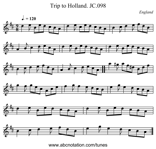 Trip to Holland. JC.098 - staff notation