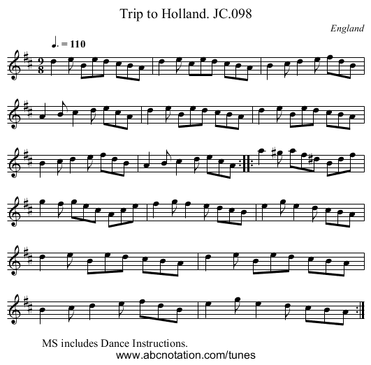 Trip to Holland. JC.098 - staff notation