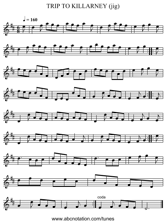 TRIP TO KILLARNEY (jig) - staff notation