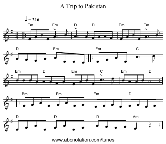 Trip to Pakistan, A - staff notation