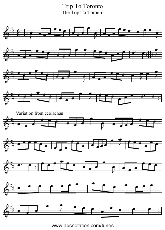 Trip To Toronto - staff notation