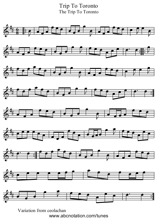 Trip To Toronto - staff notation