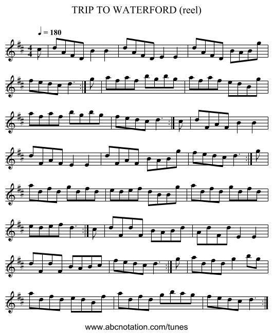 TRIP TO WATERFORD (reel) - staff notation