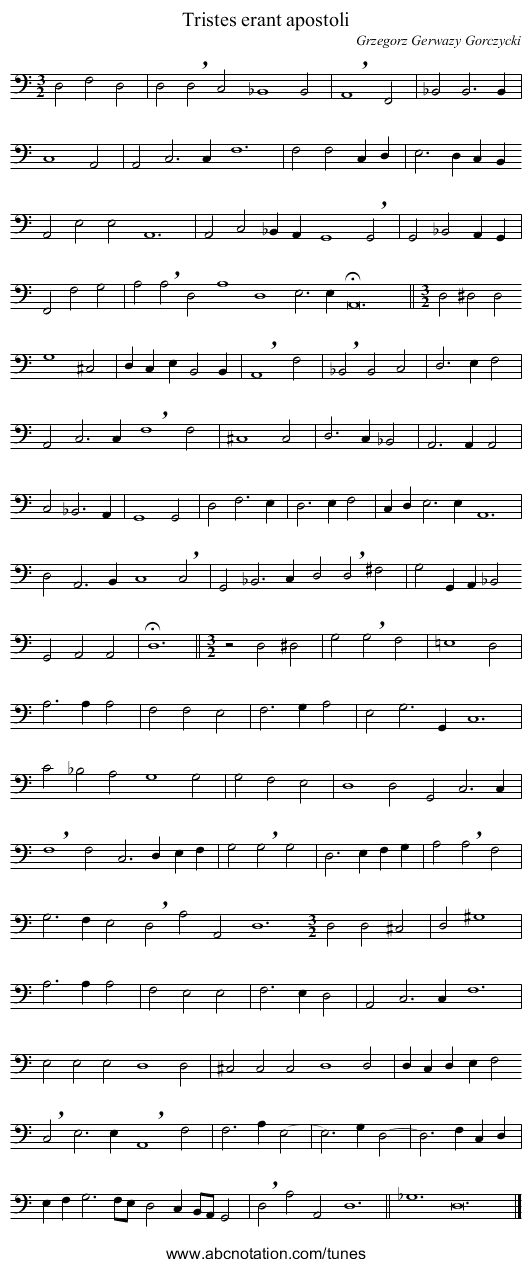 Tristes erant apostoli - staff notation