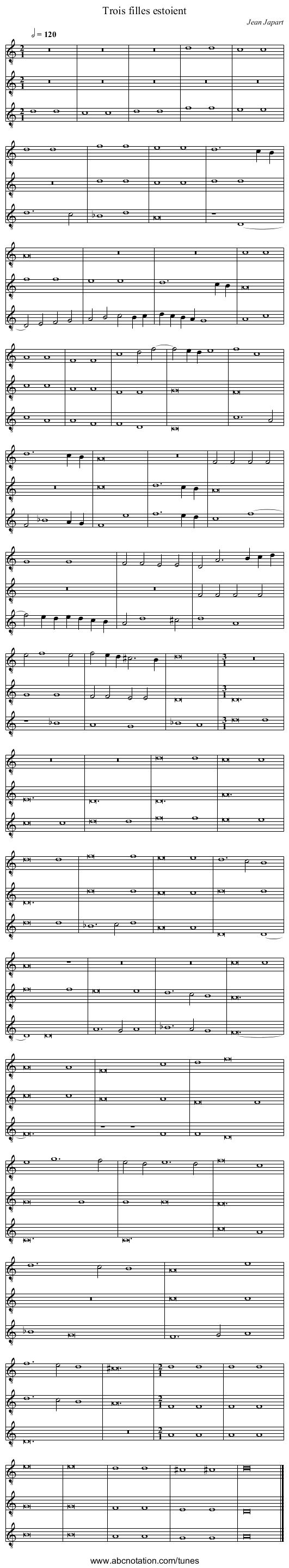 Trois filles estoient - staff notation