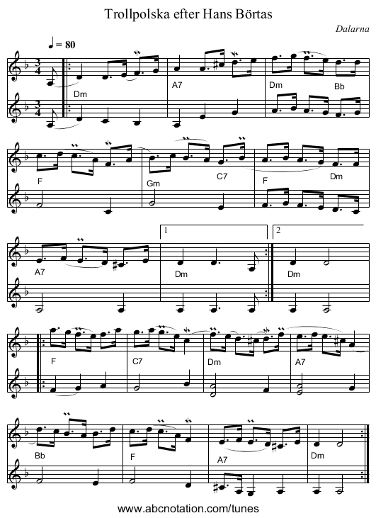 Trollpolska efter Hans Börtas - staff notation