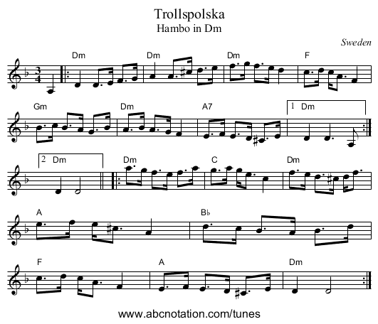 Trollspolska - staff notation