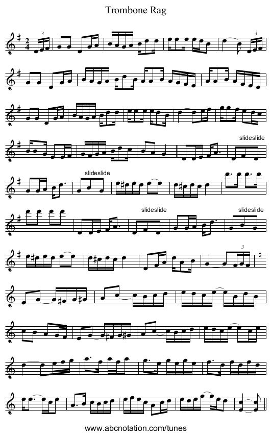 Trombone Rag - staff notation