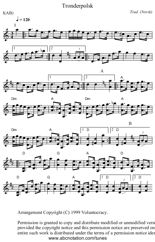 Tr&oslash;nderpolsk - staff notation