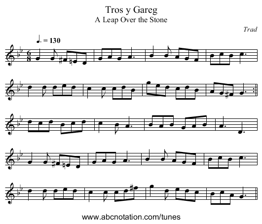 Tros y Gareg - staff notation