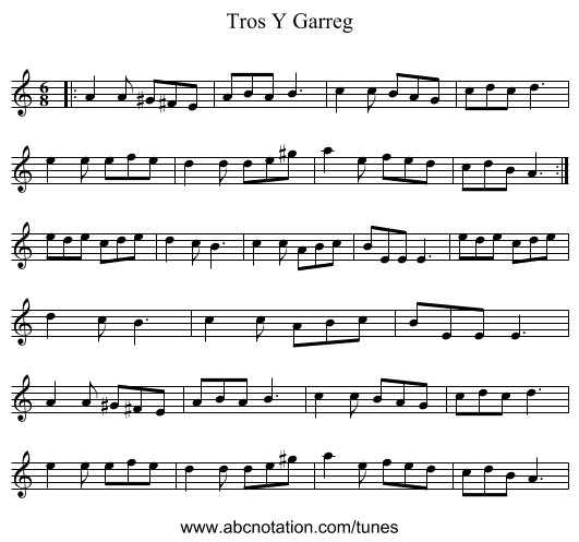 Tros Y Garreg - staff notation