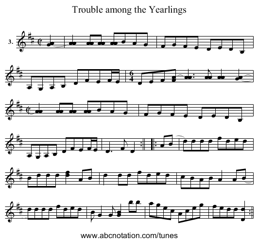 Trouble among the Yearlings - staff notation
