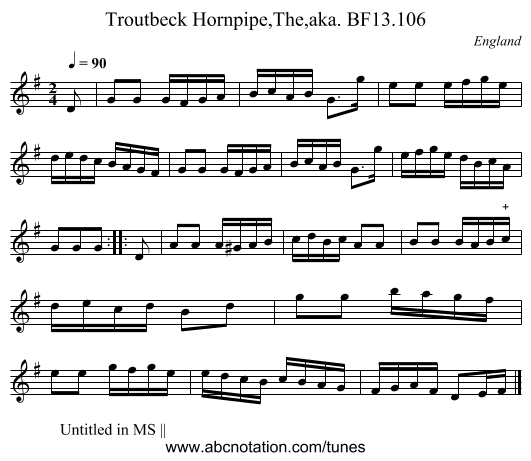 Troutbeck Hornpipe,The,aka. BF13.106 - staff notation