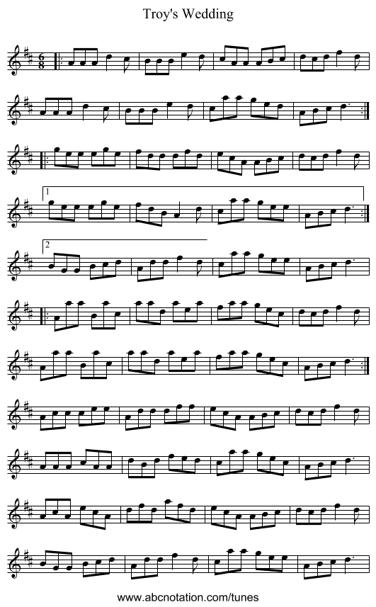 Troy's Wedding - staff notation