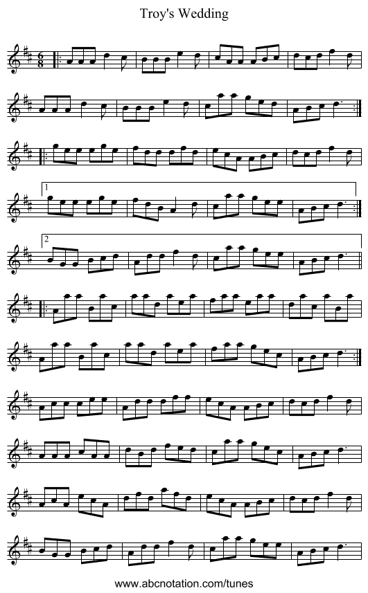 Troy's Wedding - staff notation