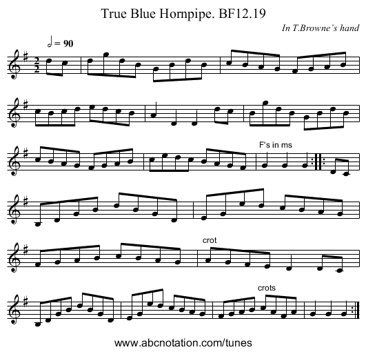 True Blue Hornpipe. BF12.19 - staff notation