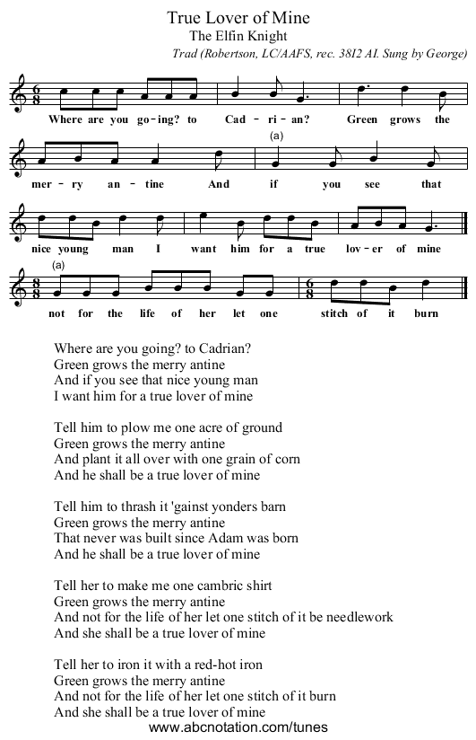 True Lover of Mine - staff notation