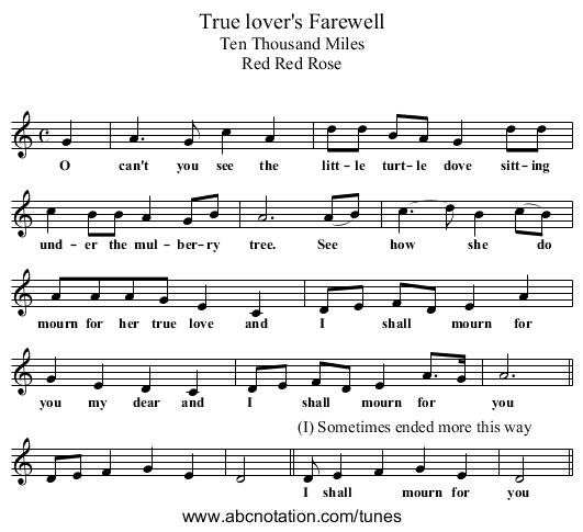 True lover's Farewell - staff notation