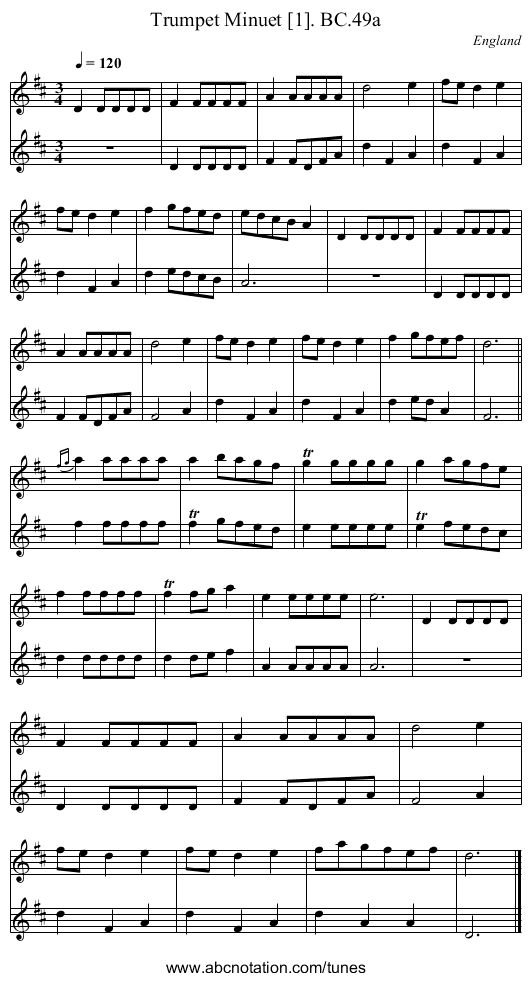 Trumpet Minuet [1]. BC.49a - staff notation