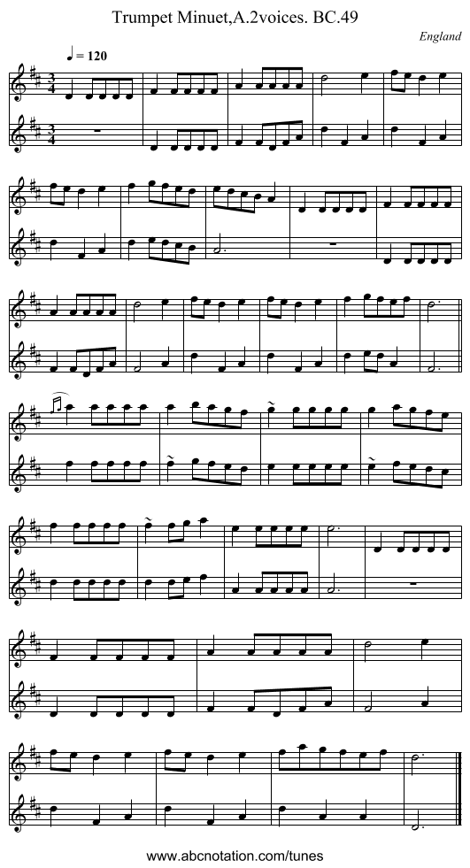 Trumpet Minuet,A.2voices. BC.49 - staff notation