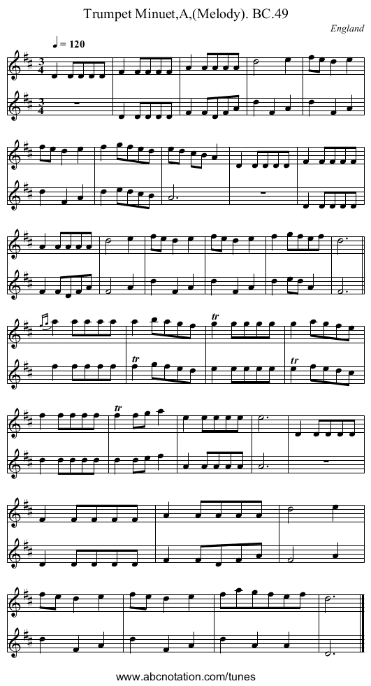 Trumpet Minuet,A,(Melody). BC.49 - staff notation