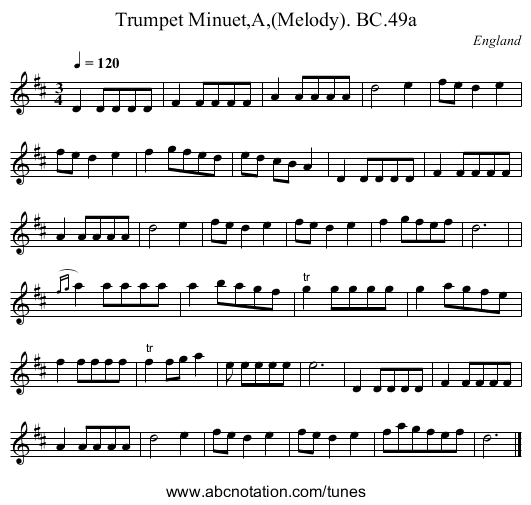 Trumpet Minuet,A,(Melody). BC.49a - staff notation