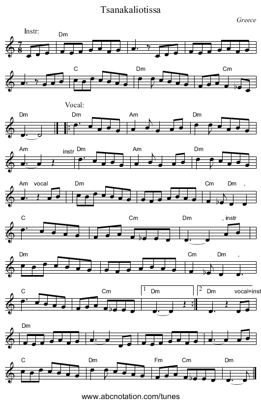 Tsanakaliotissa - staff notation