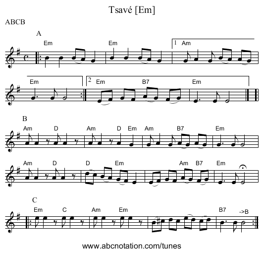 Tsav&eacute; [Em] - staff notation