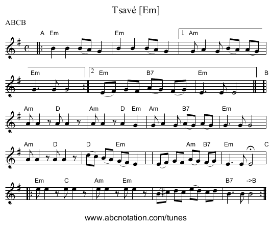 Tsav&eacute; [Em] - staff notation