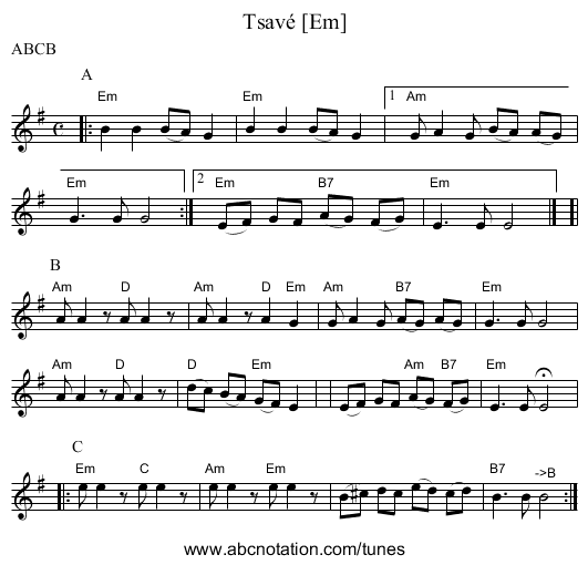 Tsav&eacute; [Em] - staff notation