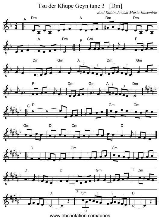 Tsu der Khupe Geyn tune 3   [Dm] - staff notation