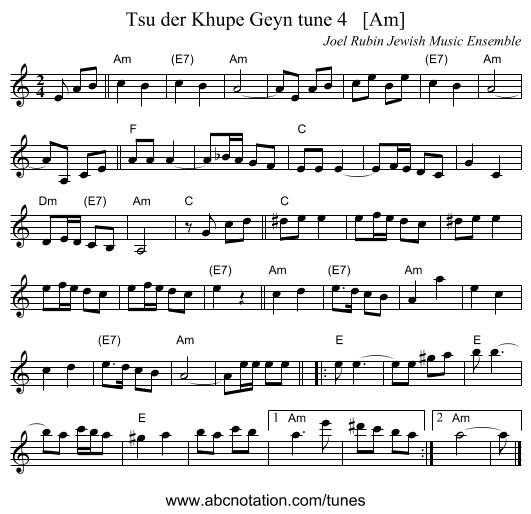 Tsu der Khupe Geyn tune 4   [Am] - staff notation
