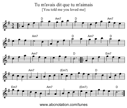 Tu m'avais dit que tu m'aimais - staff notation