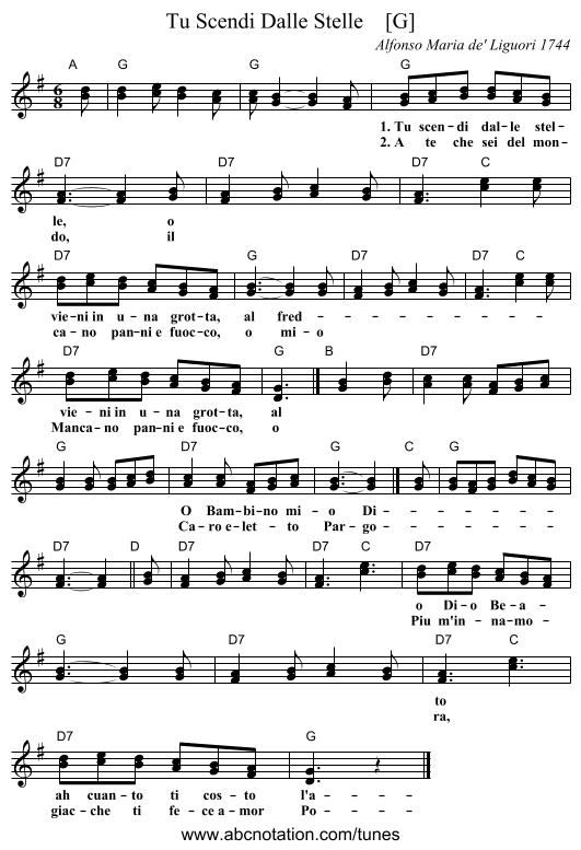 Tu Scendi Dalle Stelle    [G] - staff notation