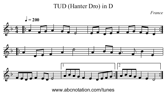 TUD (Hanter Dro) in D - staff notation