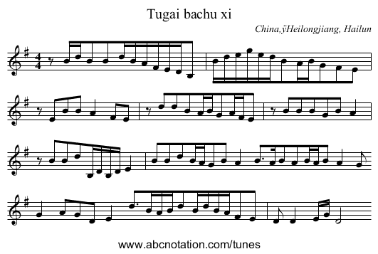 Tugai bachu xi - staff notation