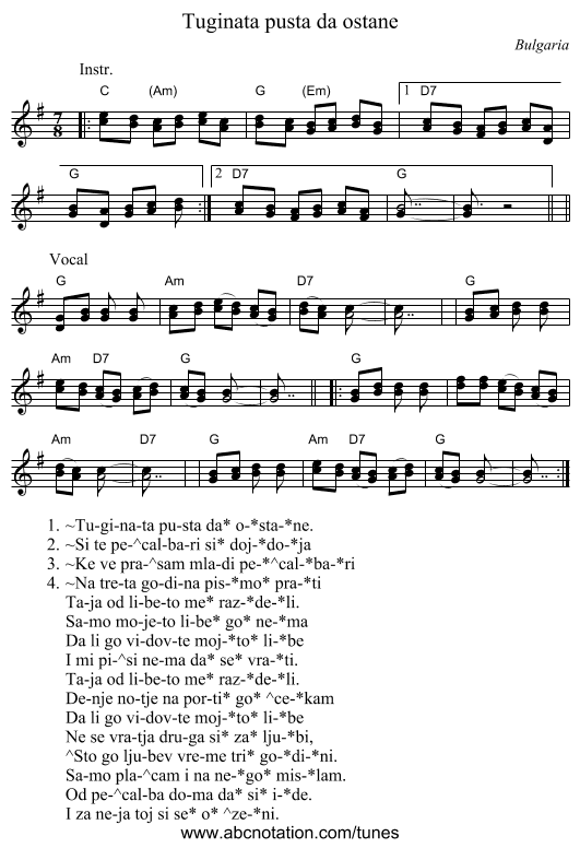Tuginata pusta da ostane - staff notation
