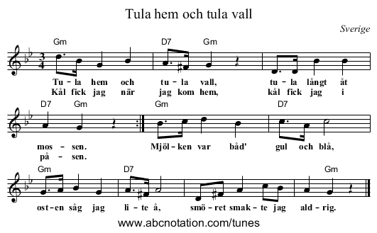 Tula hem och tula vall - staff notation