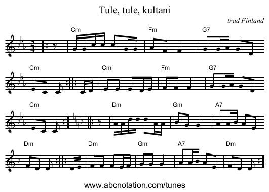 Tule, tule, kultani - staff notation