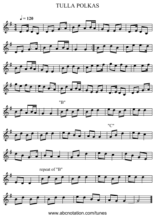 TULLA POLKAS - staff notation