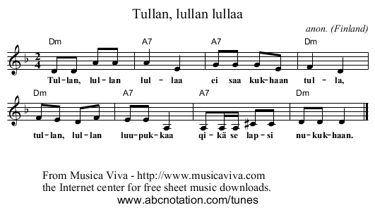 Tullan, lullan lullaa - staff notation