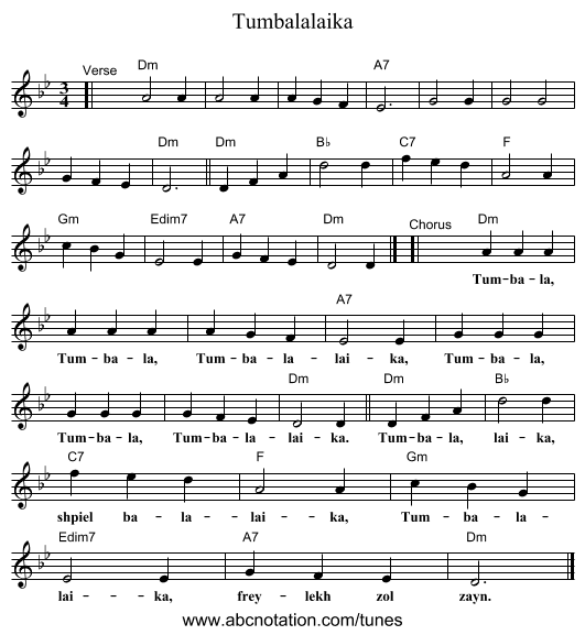 Tumbalalaika - staff notation
