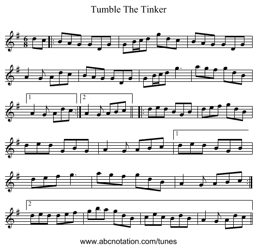 Tumble The Tinker - staff notation