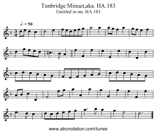 Tunbridge Minuet,aka. HA.183 - staff notation