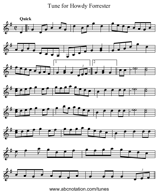 Tune for Howdy Forrester - staff notation