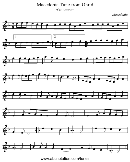Tune from Ohrid, Macedonia - staff notation