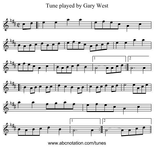 Tune played by Gary West - staff notation