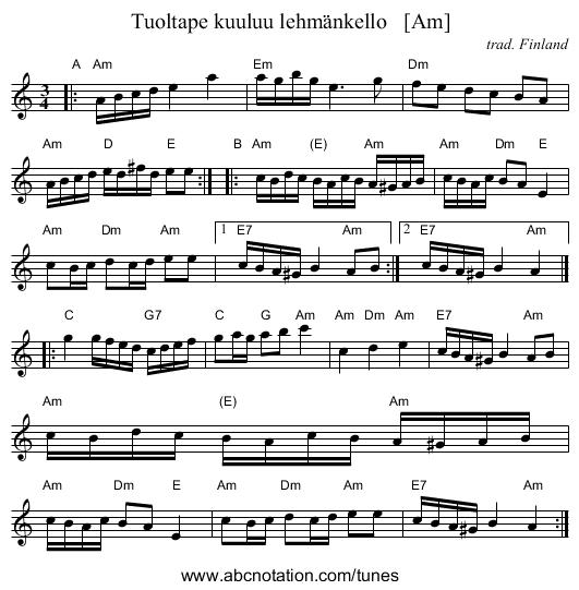 Tuoltape kuuluu lehm&auml;nkello   [Am] - staff notation