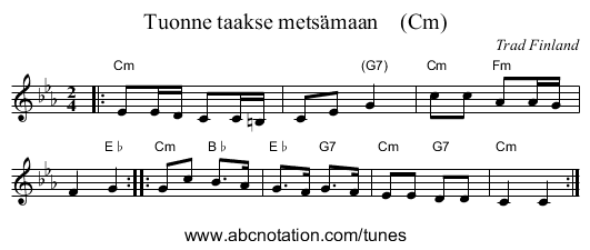 Tuonne taakse mets&auml;maan    (Cm) - staff notation