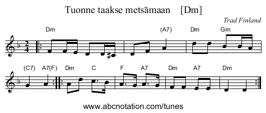 Tuonne taakse mets&auml;maan    [Dm] - staff notation
